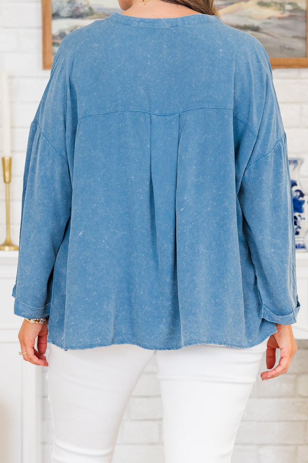 Chic Soul plus size clothing, quarter-sleeve denim mineral washed top with a v-neckline and cuffed sleeves