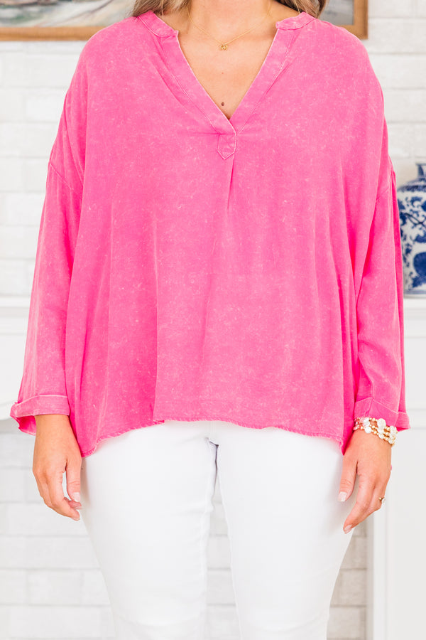 Chic Soul plus size clothing, long-sleeve mineral wash pink v-neckline top