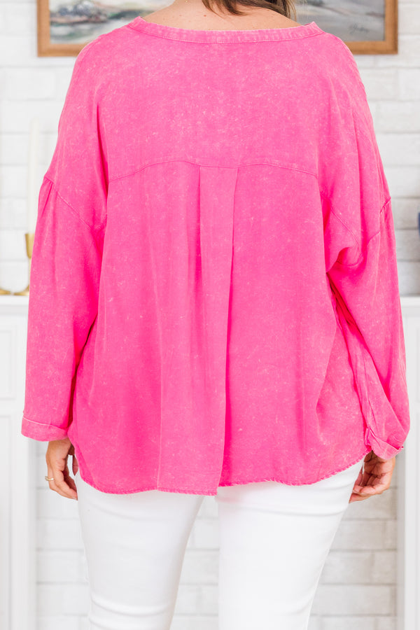 Chic Soul plus size clothing, long-sleeve mineral wash pink v-neckline top