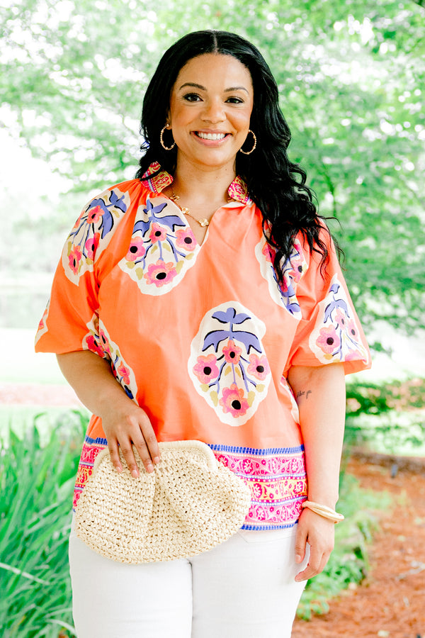 Chic Soul plus size clothing, coral top with bubble sleeves and a block pattern throughout the top