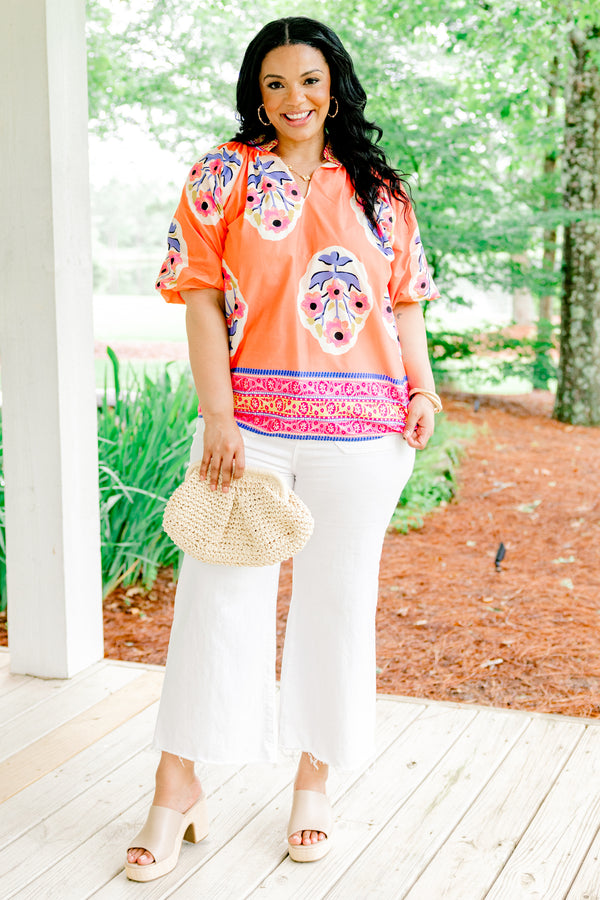 Chic Soul plus size clothing, coral top with bubble sleeves and a block pattern throughout the top