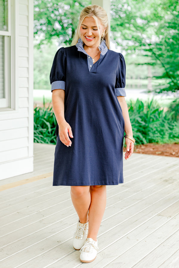 Chic Soul plus size clothing, solid navy short sleeve mini dress with three quarter button up neckline with stripe ruffle detail trim with cuffed stripe trim on puff sleeves
