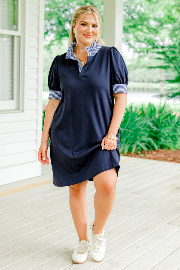 Chic Soul plus size clothing, solid navy short sleeve mini dress with three quarter button up neckline with stripe ruffle detail trim with cuffed stripe trim on puff sleeves