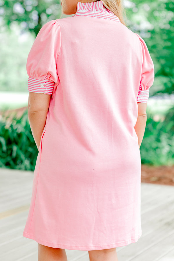 Chic Soul plus size clothing, bubblegum pink short-balloon-cuff sleeve half-button collared short dress with white pinstripes on collar and cuffs