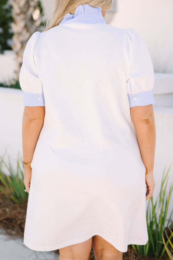 Chic Soul plus size clothing, white knee length dress with short sleeves that have a  blue striped cuff at the end as well as a button-up neckline that has blue striped ruffle detailing on the collar 