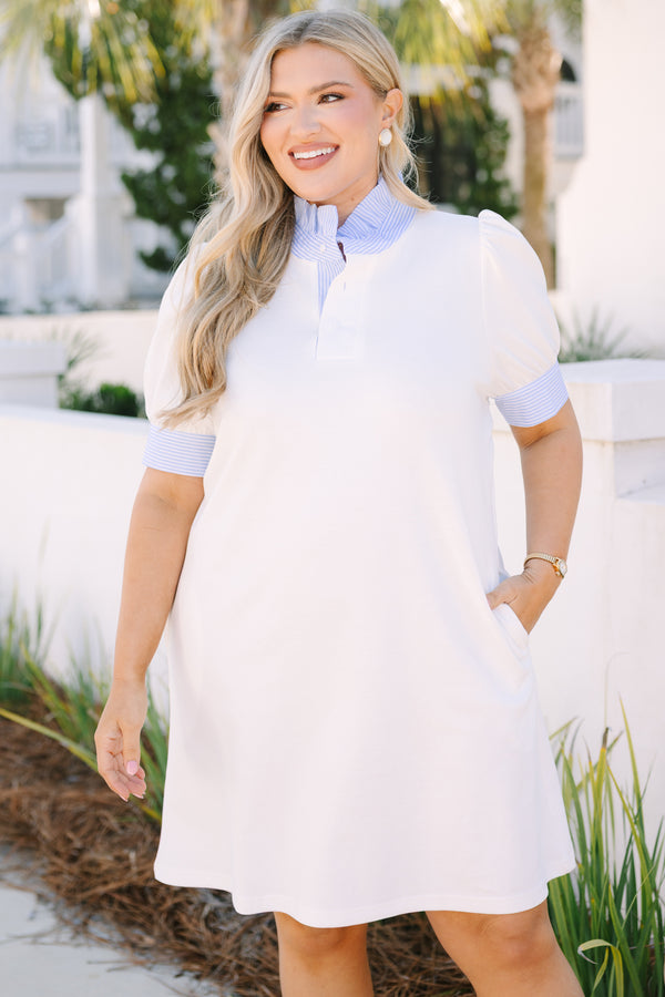 Chic Soul plus size clothing, white knee length dress with short sleeves that have a  blue striped cuff at the end as well as a button-up neckline that has blue striped ruffle detailing on the collar 