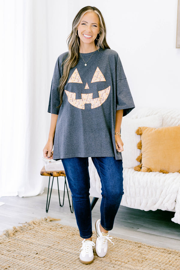 Chic Soul plus size clothing, charcoal boyfriend tee with a jack-o-lantern face on the center of the shirt 