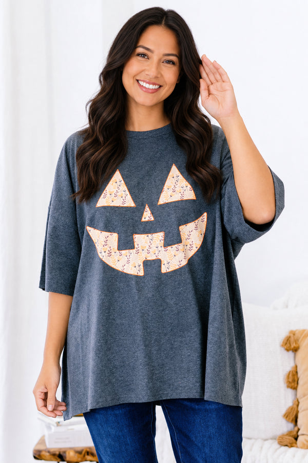 Chic Soul plus size clothing, charcoal boyfriend tee with a jack-o-lantern face on the center of the shirt 