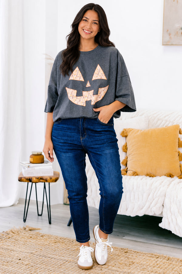 Chic Soul plus size clothing, charcoal boyfriend tee with a jack-o-lantern face on the center of the shirt 
