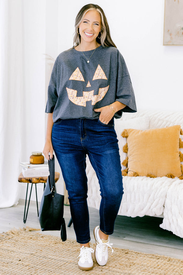 Chic Soul plus size clothing, charcoal boyfriend tee with a jack-o-lantern face on the center of the shirt 