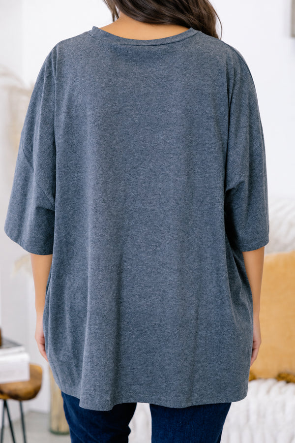 Chic Soul plus size clothing, charcoal boyfriend tee with a jack-o-lantern face on the center of the shirt 