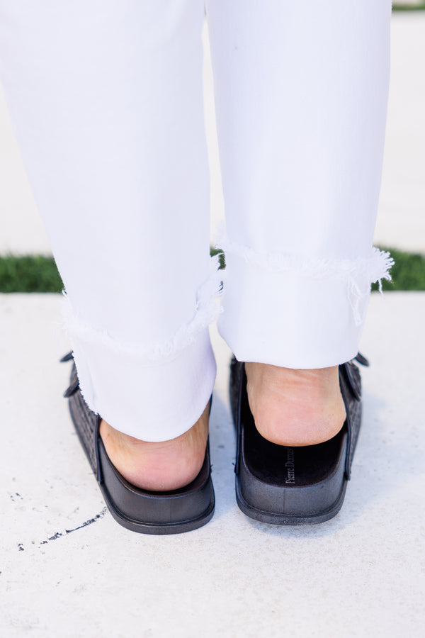 Chic Soul plus size clothing, black double strap black woven slide sandals with gold buckle hardware