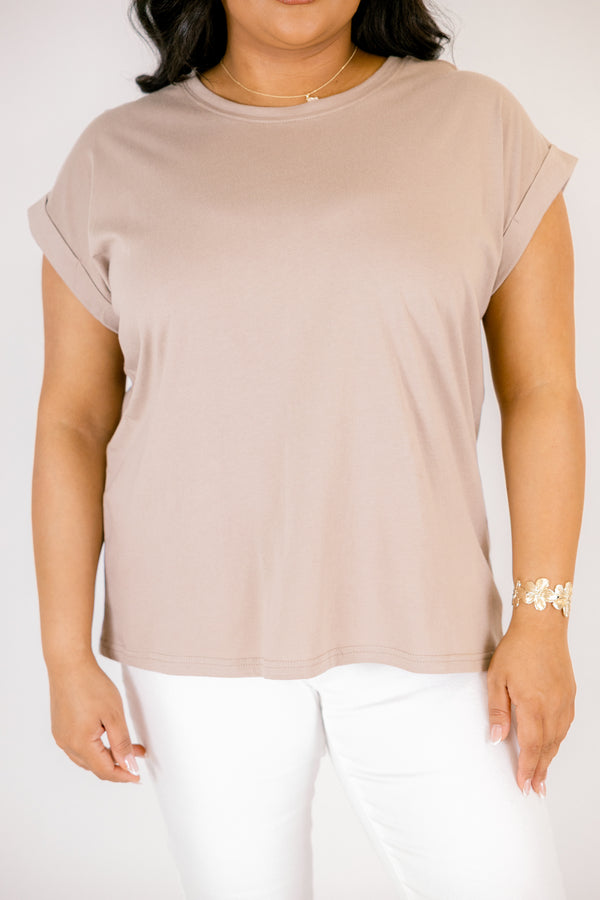 Chic Soul plus size clothing, ash mocha basic tee with short sleeves that have a cuff at the end of each sleeve 