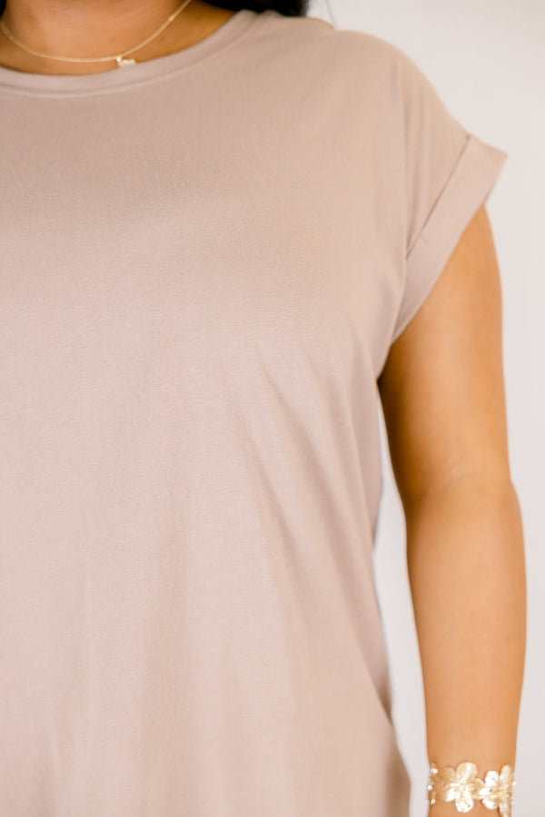 Chic Soul plus size clothing, ash mocha basic tee with short sleeves that have a cuff at the end of each sleeve 