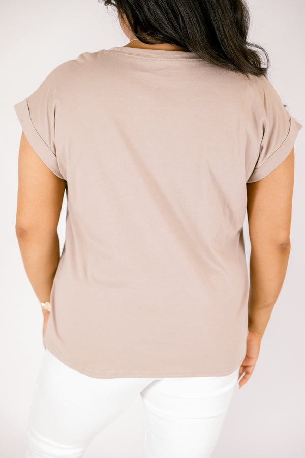 Chic Soul plus size clothing, ash mocha basic tee with short sleeves that have a cuff at the end of each sleeve 