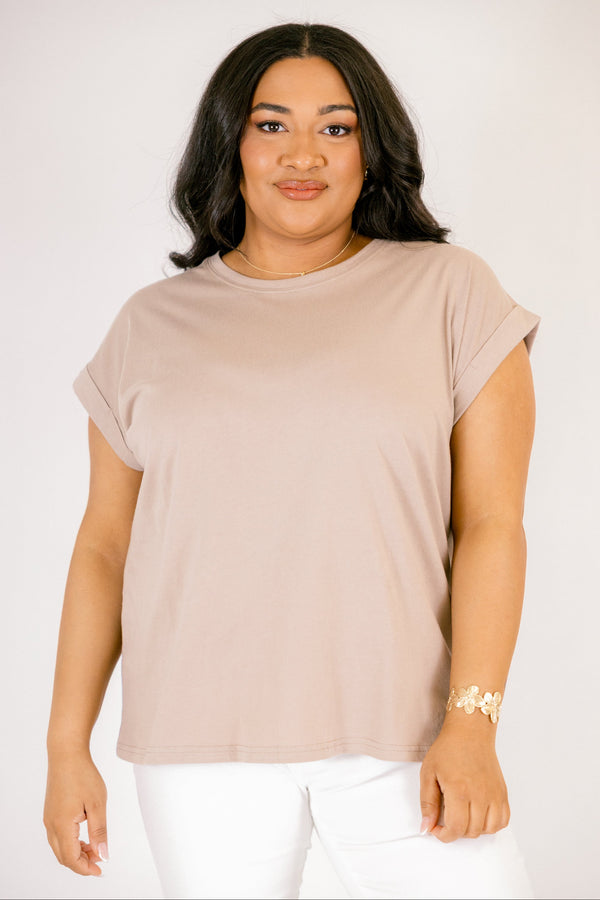 Chic Soul plus size clothing, ash mocha basic tee with short sleeves that have a cuff at the end of each sleeve 