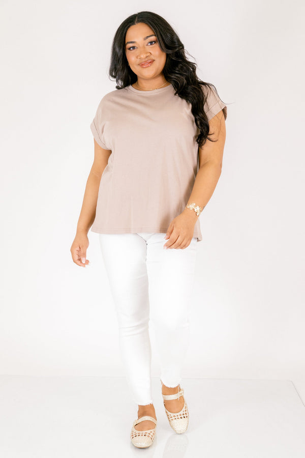 Chic Soul plus size clothing, ash mocha basic tee with short sleeves that have a cuff at the end of each sleeve 