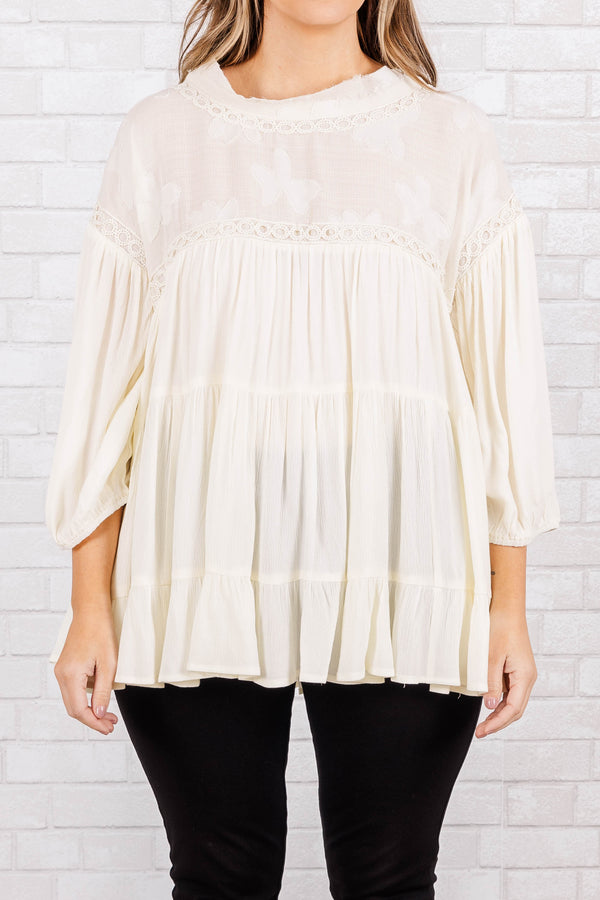 Chic Soul plus size clothing, Cream tiered top with cuff sleeves and lacey detail along neckline with crochet accents on sleeve and neck