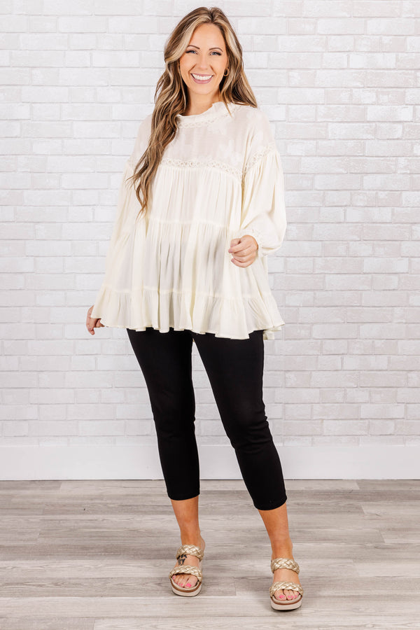 Chic Soul plus size clothing, Cream tiered top with cuff sleeves and lacey detail along neckline with crochet accents on sleeve and neck
