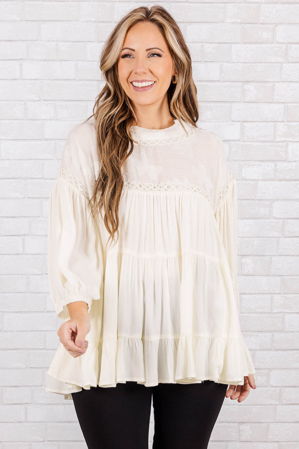 Chic Soul plus size clothing, Cream tiered top with cuff sleeves and lacey detail along neckline with crochet accents on sleeve and neck