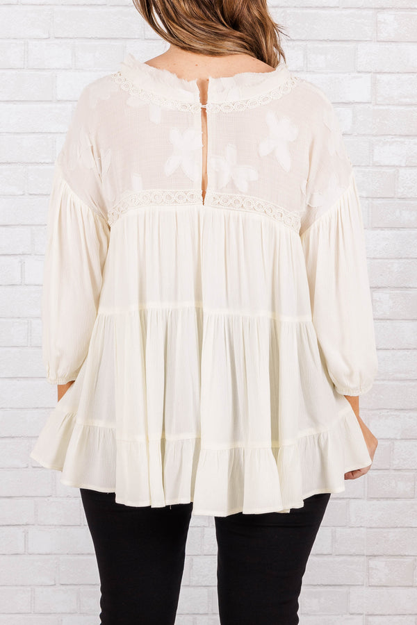 Chic Soul plus size clothing, Cream tiered top with cuff sleeves and lacey detail along neckline with crochet accents on sleeve and neck