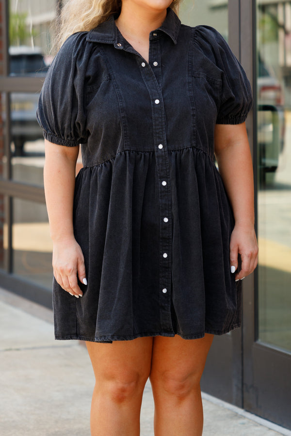 Chic Soul plus size clothing, black denim button down babydoll dress with bubble sleeves