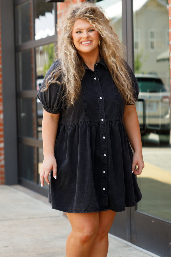 Chic Soul plus size clothing, black denim button down babydoll dress with bubble sleeves