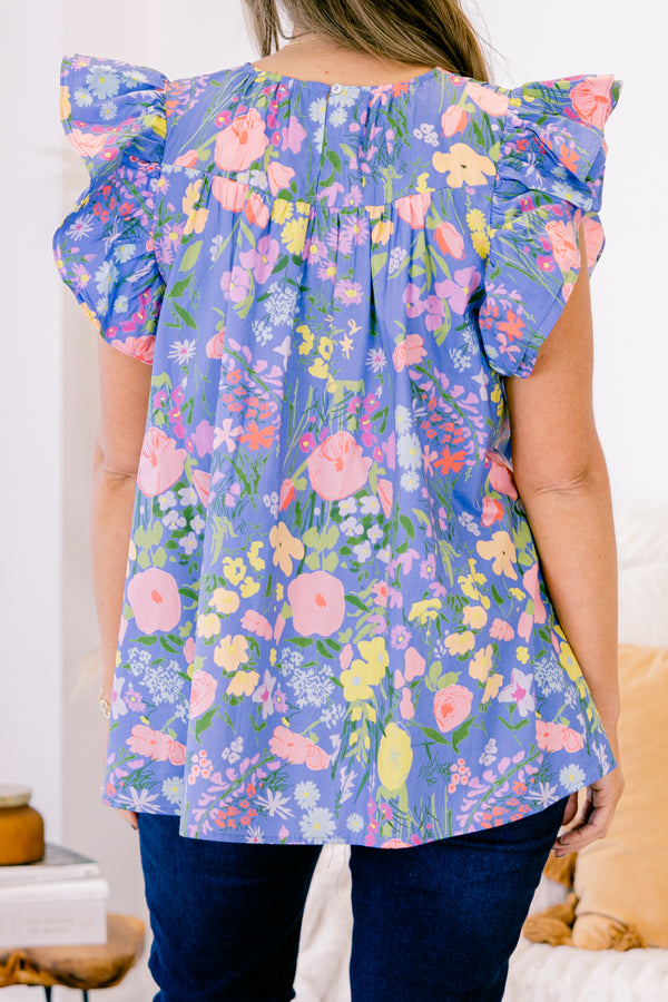Chic Soul plus size clothing, denim blue short-flutter sleeve pleated neckline casual top with yellow and peach floral pattern