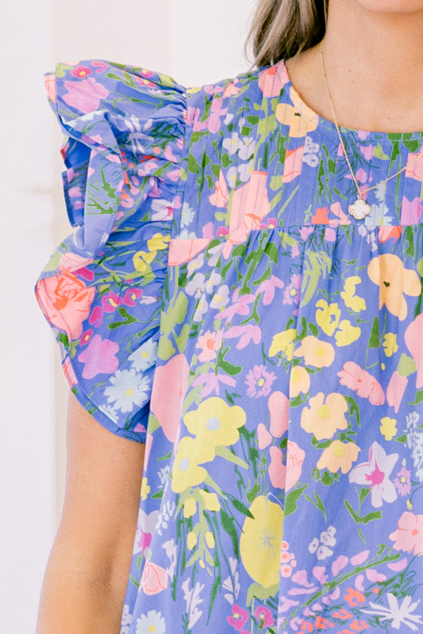 Chic Soul plus size clothing, denim blue short-flutter sleeve pleated neckline casual top with yellow and peach floral pattern