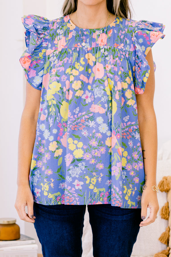 Chic Soul plus size clothing, denim blue short-flutter sleeve pleated neckline casual top with yellow and peach floral pattern
