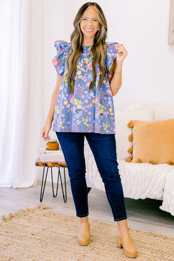 Chic Soul plus size clothing, denim blue short-flutter sleeve pleated neckline casual top with yellow and peach floral pattern
