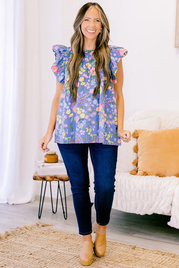 Chic Soul plus size clothing, denim blue short-flutter sleeve pleated neckline casual top with yellow and peach floral pattern