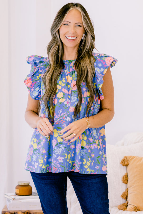 Chic Soul plus size clothing, denim blue short-flutter sleeve pleated neckline casual top with yellow and peach floral pattern