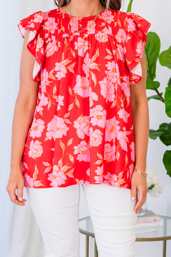 Chic Soul plus size clothing, pink short sleeve floral print top with ruffle sleeves