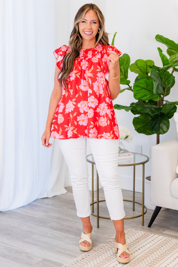 Chic Soul plus size clothing, pink short sleeve floral print top with ruffle sleeves
