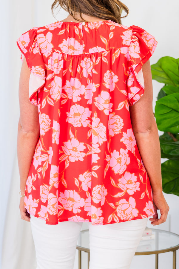 Chic Soul plus size clothing, pink short sleeve floral print top with ruffle sleeves
