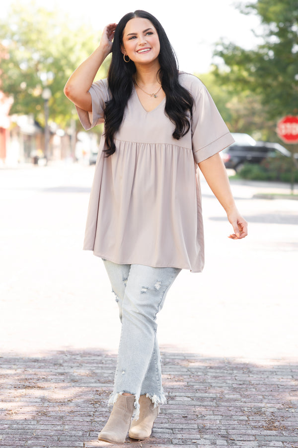 Chic Soul plus size clothing, ash mocha colored babydoll top with v neck style
