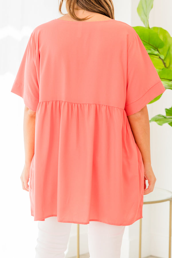 Chic Soul plus size clothing, short sleeve deep coral baby doll top with v-neckline and ruffled details 