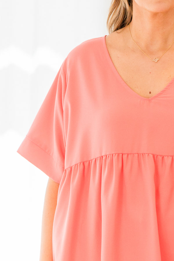 Chic Soul plus size clothing, short sleeve deep coral baby doll top with v-neckline and ruffled details 