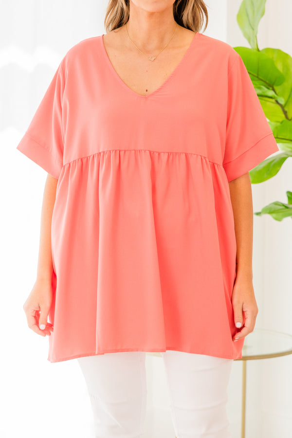 Chic Soul plus size clothing, short sleeve deep coral baby doll top with v-neckline and ruffled details 