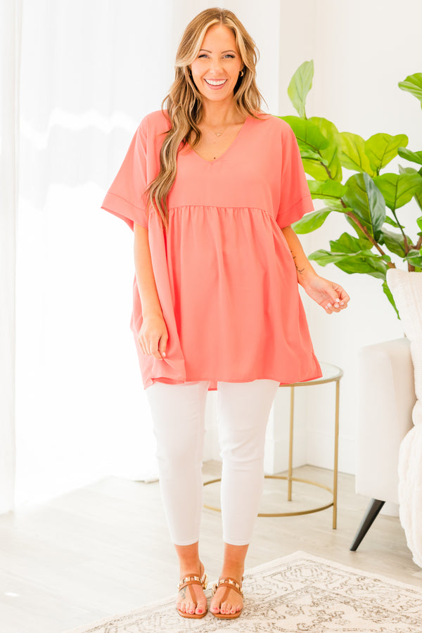 Chic Soul plus size clothing, short sleeve deep coral baby doll top with v-neckline and ruffled details 