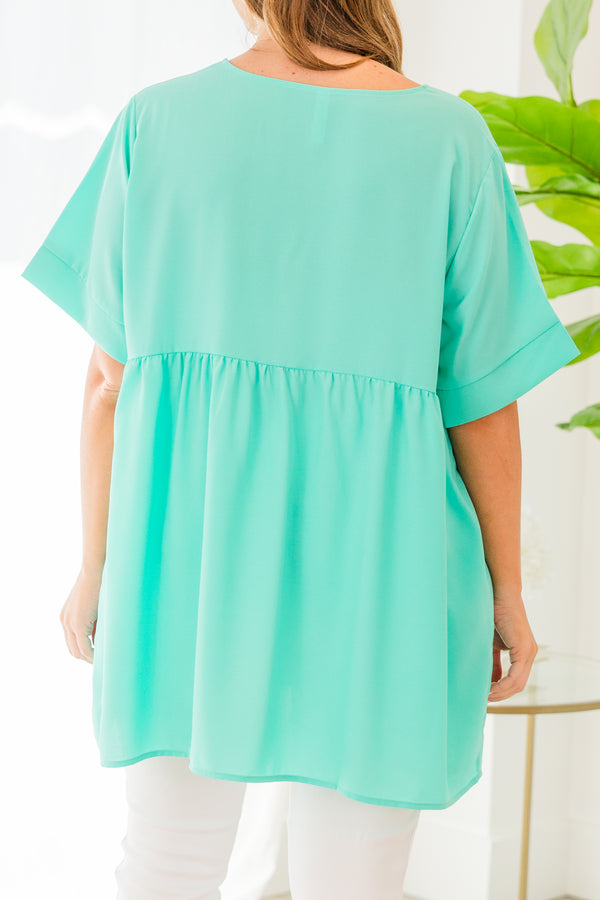 Chic Soul plus size clothing, short sleeve mint baby doll top with v-neckline and ruffled details