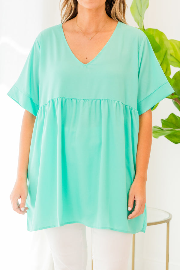Chic Soul plus size clothing, short sleeve mint baby doll top with v-neckline and ruffled details