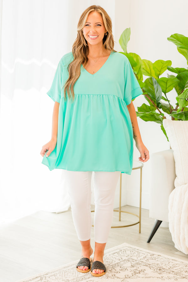 Chic Soul plus size clothing, short sleeve mint baby doll top with v-neckline and ruffled details