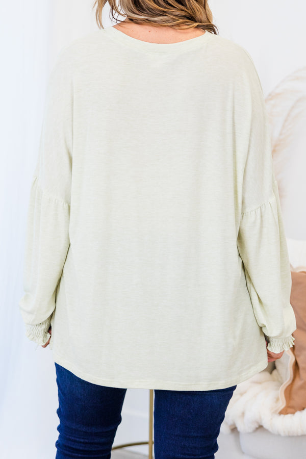 Chic Soul plus size clothing, gray long sleeve flowy top with round neckline with bubble sleeves with smocked cuff sleeve detail