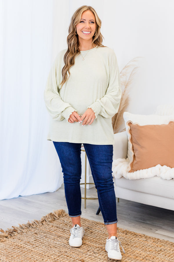 Chic Soul plus size clothing, gray long sleeve flowy top with round neckline with bubble sleeves with smocked cuff sleeve detail
