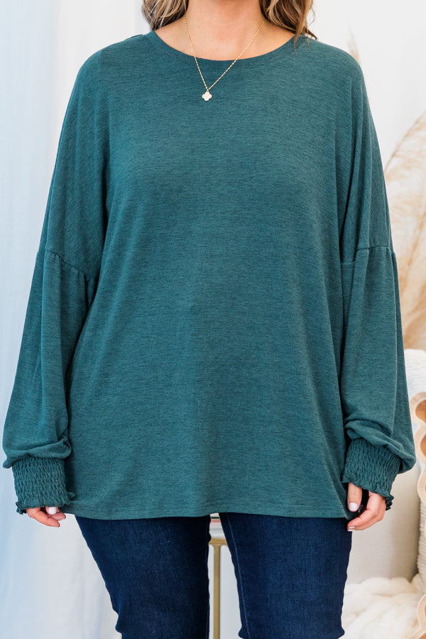 Chic Soul plus size clothing, long-sleeve teal green top with smocked detailing on wrists and scoop-neckline 
