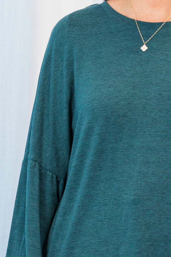 Chic Soul plus size clothing, long-sleeve teal green top with smocked detailing on wrists and scoop-neckline 