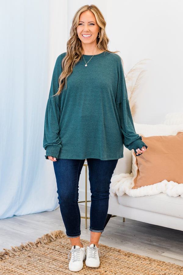Chic Soul plus size clothing, long-sleeve teal green top with smocked detailing on wrists and scoop-neckline 