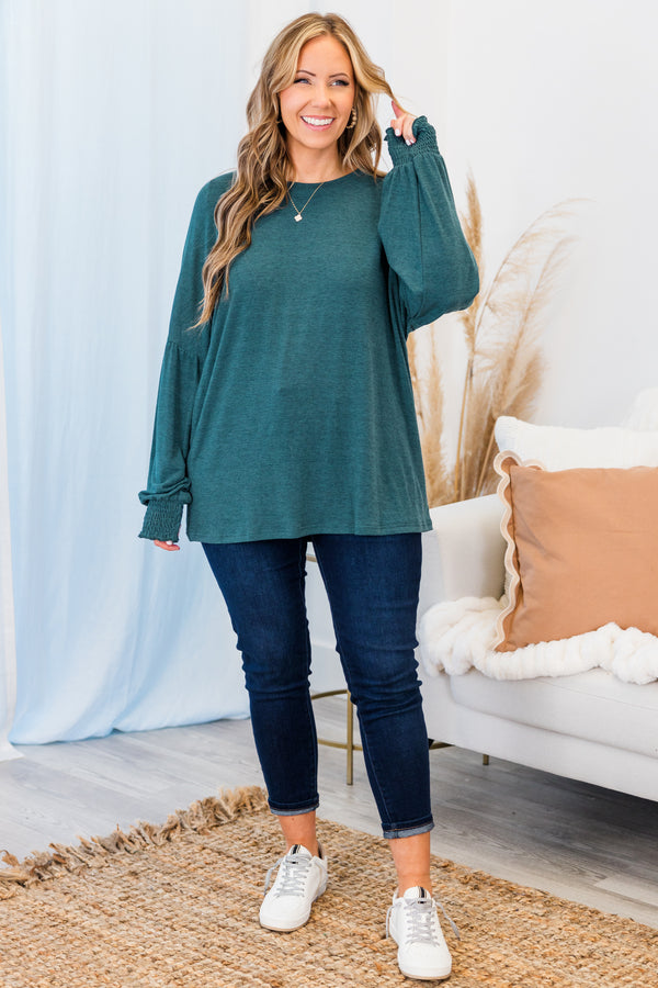 Chic Soul plus size clothing, long-sleeve teal green top with smocked detailing on wrists and scoop-neckline 